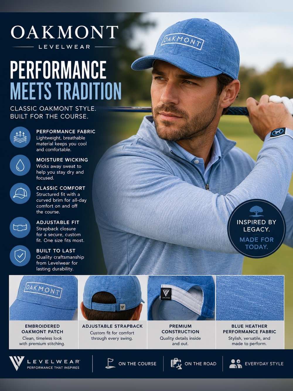 Oakmont Blue Heather Performance Golf Hat Adjustable Baseball Cap